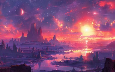 Fototapeta premium Fantasy Alien Landscape with Sunset and Stars Illustration