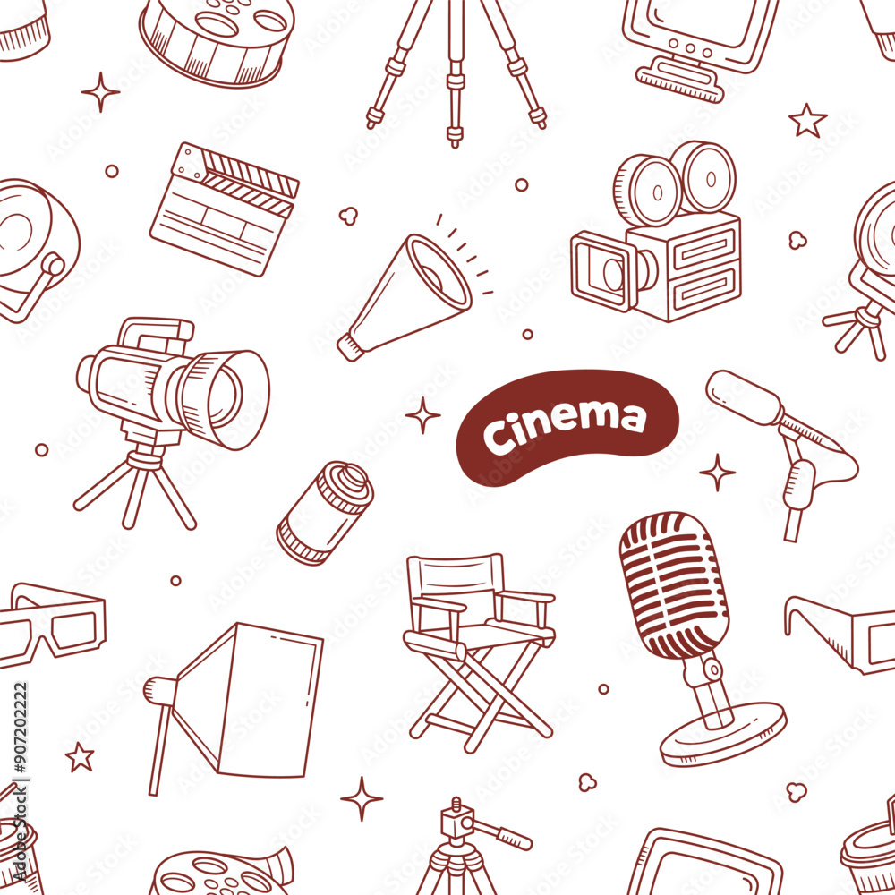 Wall mural cinema and movie objects outline doodle seamless pattern vector illustration