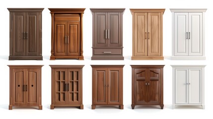 A row of wooden cabinets with different colors and styles