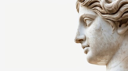 A statue of a woman with long hair and a white background