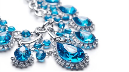 A blue necklace with blue stones and a silver chain