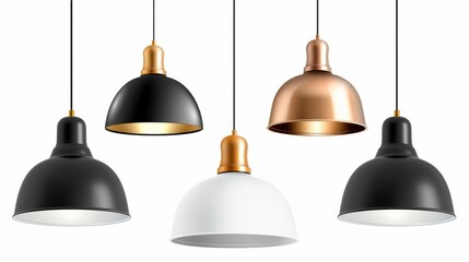 A set of five different colored light fixtures hanging from the ceiling