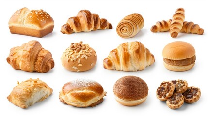 A collection of pastries and sandwiches are displayed in a row
