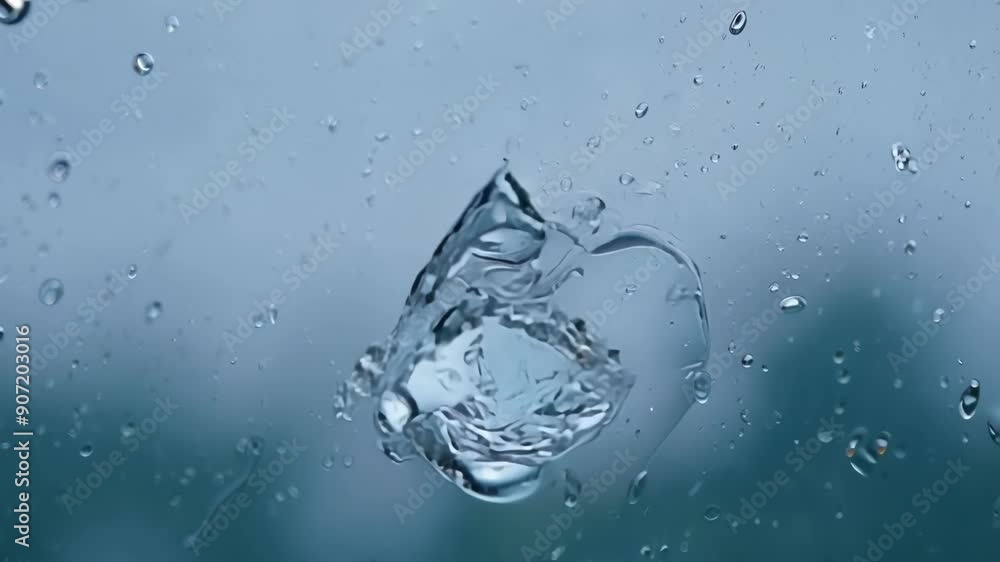 Poster a closeup of a raindrop rolling down a window generating a trail of small ripples that combine and b