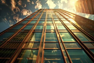 Tall building with multiple windows and a clear blue sky background
