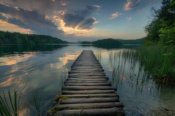 Fototapeta premium Tranquil Lake Pier at Sunset with Vivid Sky and Lush Greenery