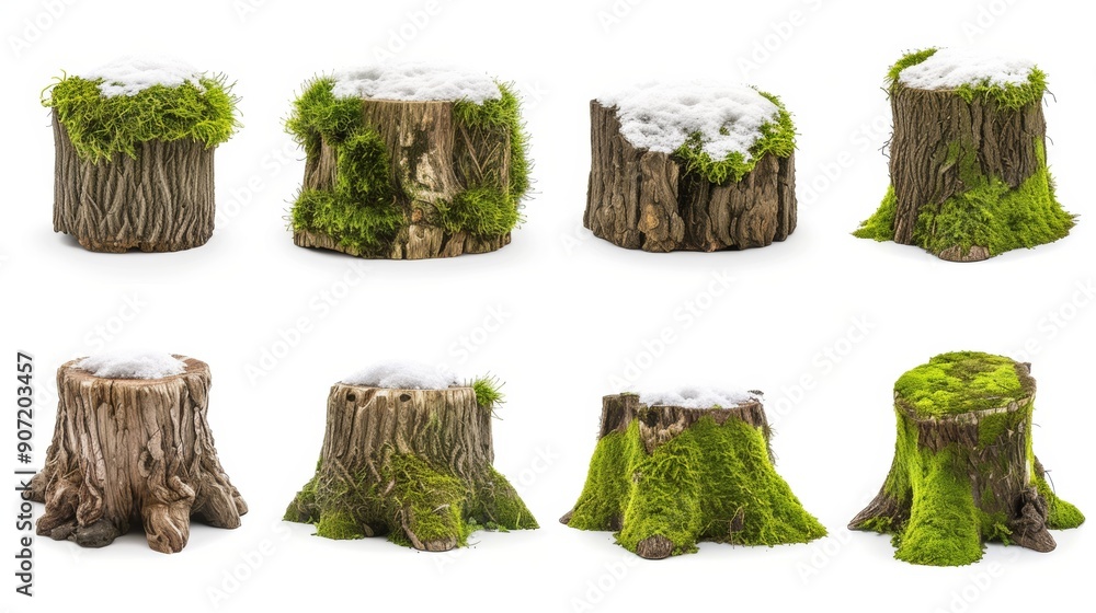 Poster a series of tree trunks with moss growing on them