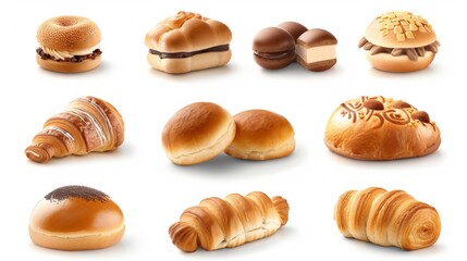 collection of pastries and breads, including croissants, donuts, and muffins