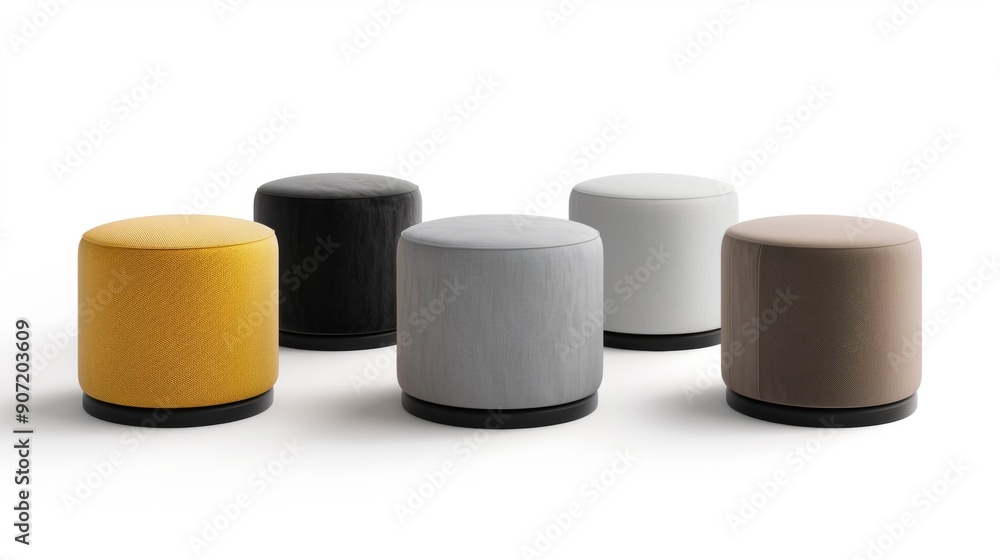 Poster a row of five round ottoman seats, each with a different color and texture