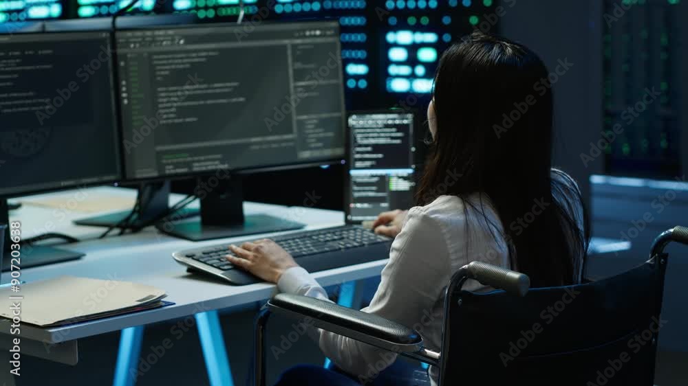 Poster person with paraplegia in inclusive server hub overseeing data center, making improvements. woman in