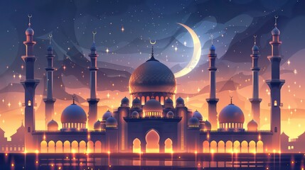  A nighttime view of a grand mosque illuminated against a backdrop of a city skyline, featuring a crescent moon and twinkling stars.