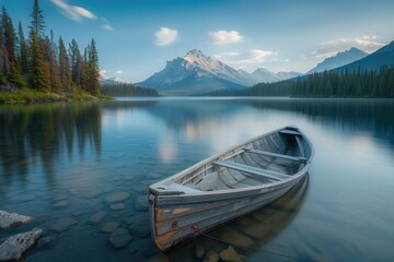 Obraz premium Wooden boat on a calm lake with a majestic mountain backdrop