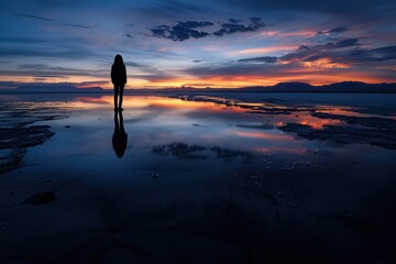 Peaceful Solitude Amidst a Vivid Sunset over a Tranquil Salt Flat