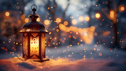 Lantern lights with snow background on Christmas day. 