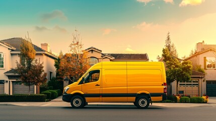 Obraz premium Golden Hour Delivery: A bright yellow delivery van parked on a suburban street, bathed in the warm glow of sunset, promises efficient and timely service. 