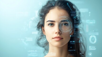 Woman's face with digital overlay, futuristic technology, identity verification, cyber security.
