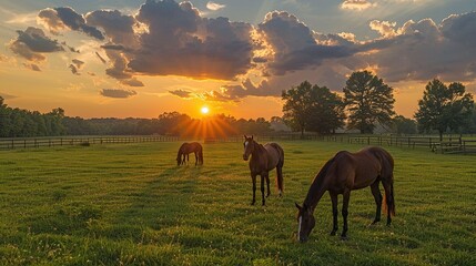 Horses at the horse farm, seen grazing in the pasture at sunset.