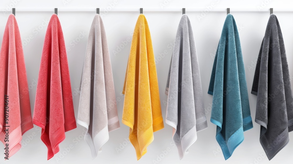 Poster a row of towels hanging on a rack, each with a different color