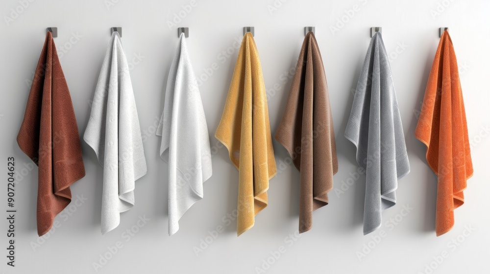Poster a row of towels hanging on a rack, each with a different color