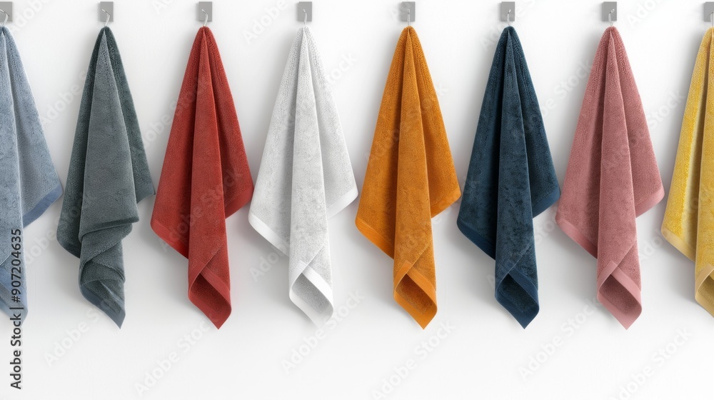 Poster a row of towels hanging on a wall, each with a different color