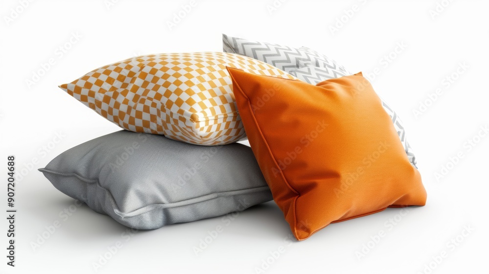 Poster three pillows of different colors and patterns are stacked on top of each other