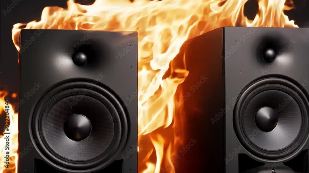 Poster Two large speakers engulfed in flames create a dramatic backdrop during an intense music performance at night.