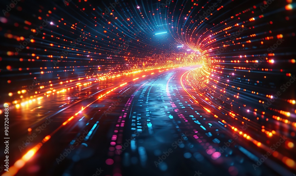 Wall mural a dynamic and colorful digital background illustrates data transfers and technology with light strea