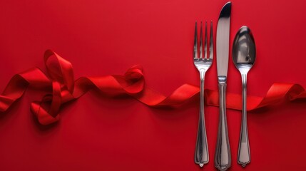 Silverware and red ribbon on red background