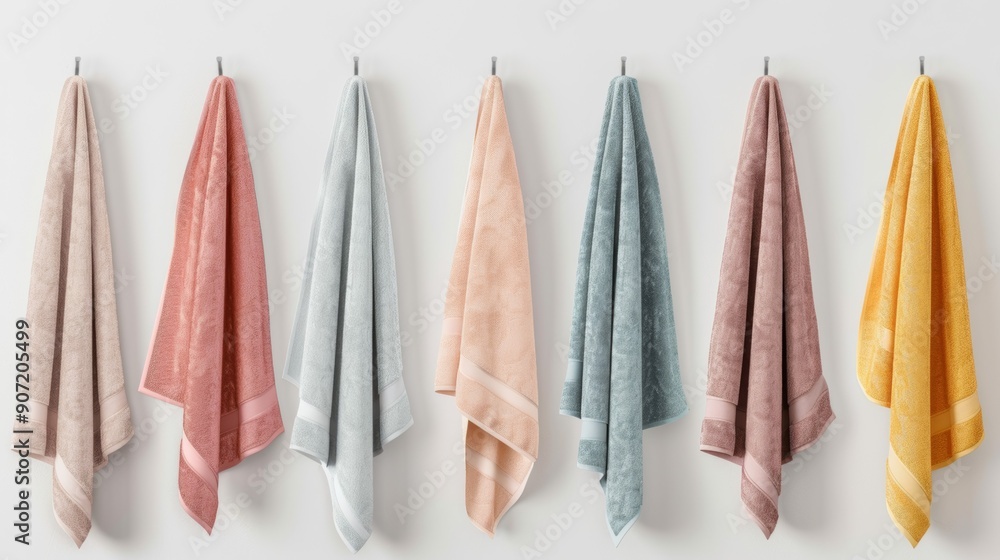 Poster a row of towels hanging on a rack, each with a different color