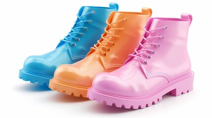 Three colorful shoes with laces and a pink boot