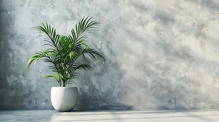 A Single Palm Plant in a White Pot Against a Gray Wall