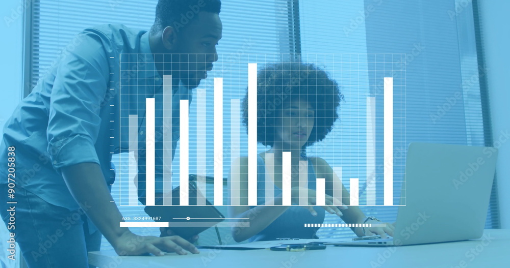 Poster image of financial data processing over diverse colleagues discussing work in office
