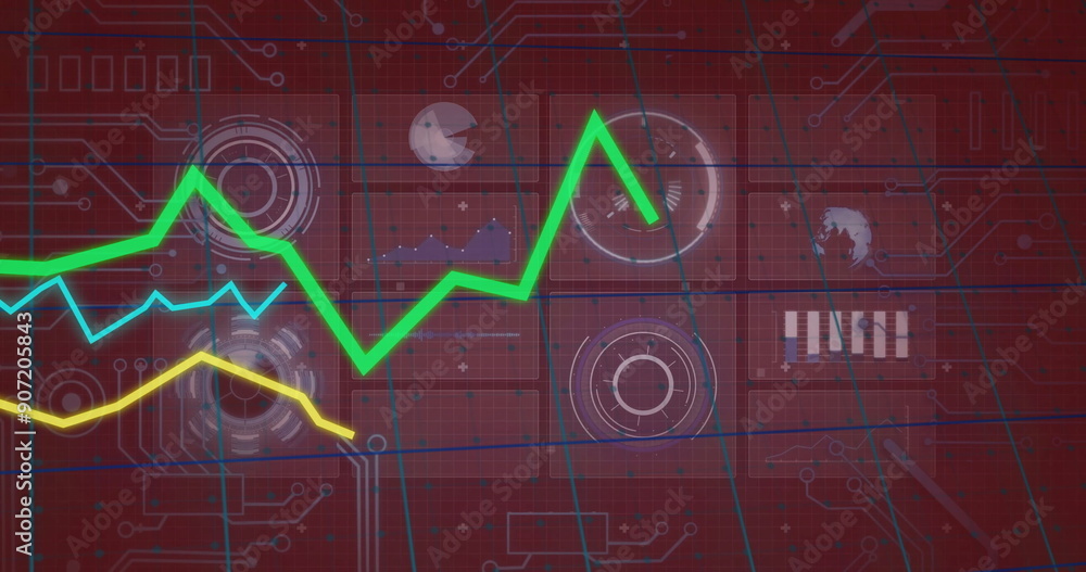 Poster green fluctuating line graph image over red technological interface with various icons