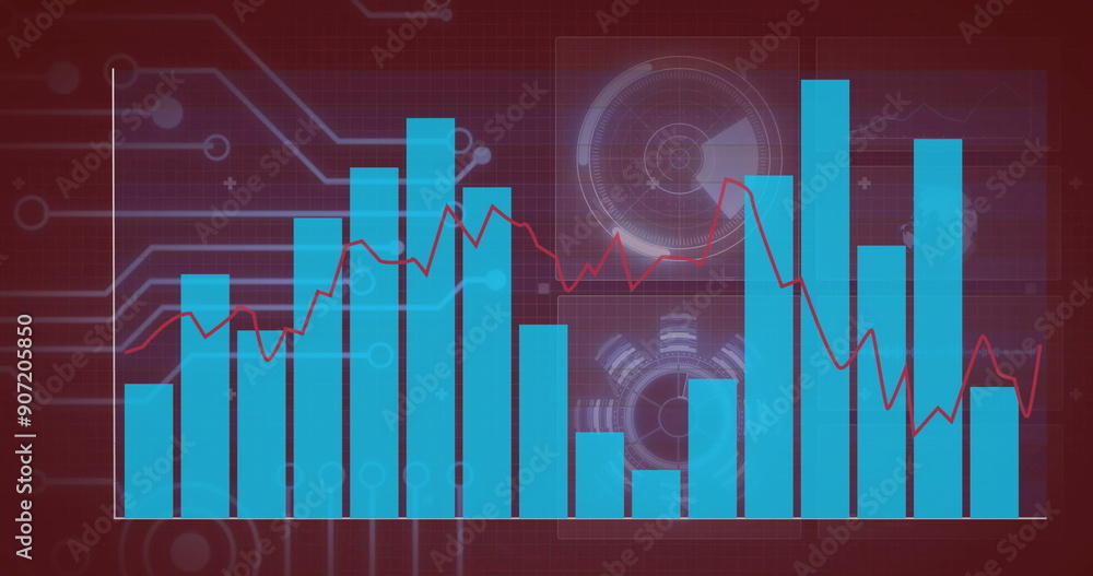 Poster bar and line graph image over digital circuit board background