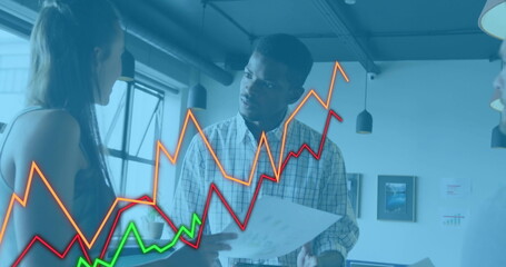 Image of financial data processing over diverse colleagues discussing work in office