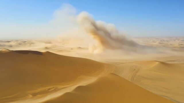 Aerial view of an expansive desert with rolling sand dunes. A massive sandstorm looms on the horizon, creating a dramatic contrast against the clear blue sky.	