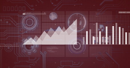 Graphs and charts image over red digital interface background