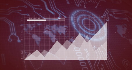 Graph with rising trend over digital world map and circuit board image