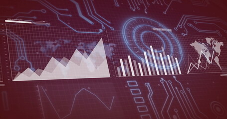 Graphs and charts over digital image of circuit board and world map