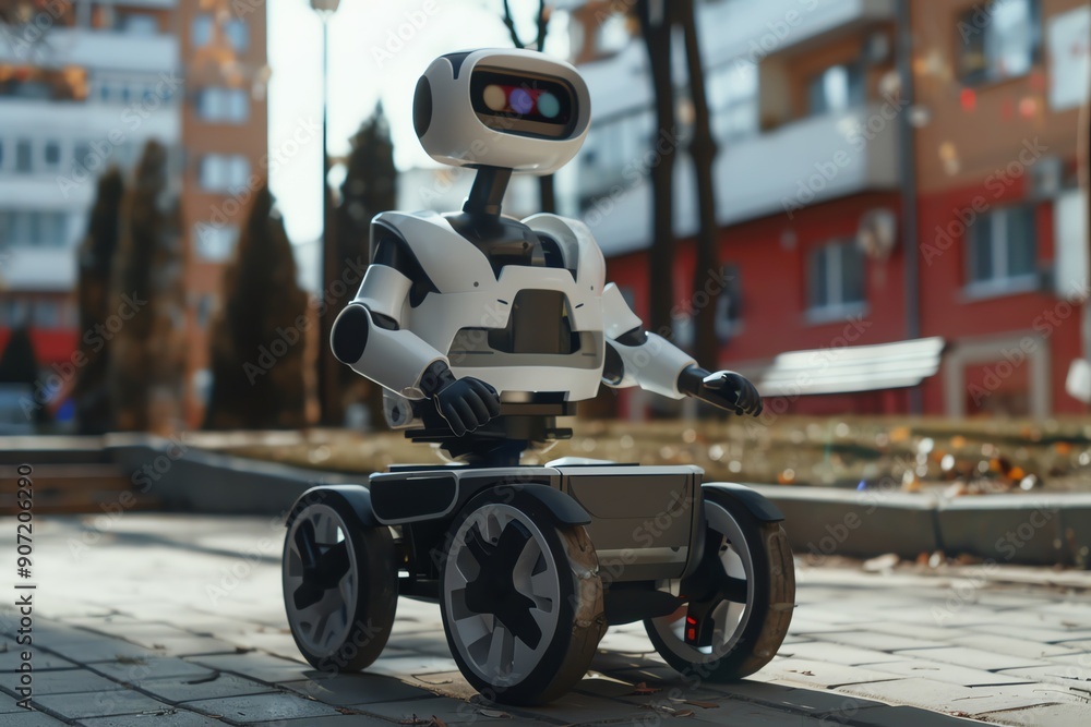 Poster a modern robot on wheels moves along a paved pathway in an urban setting, blending technology with c