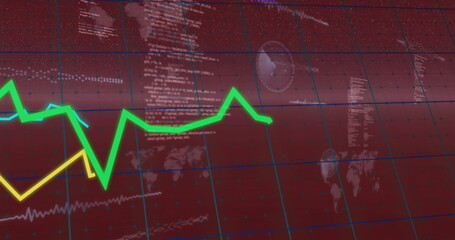 Green declining graph over financial data and world map image