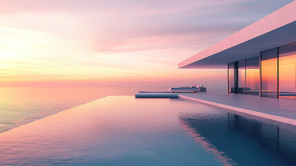 Obraz na płótnie Canvas modern architecture, house with infinity pool and sea view at sunset
