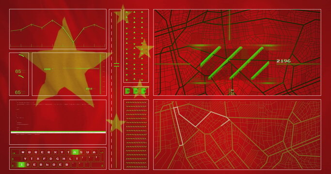 Data analysis and mapping image over red background with Chinese flag elements