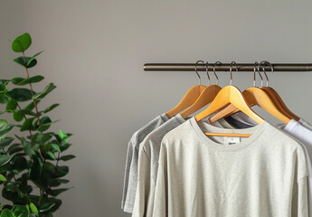 Obraz premium Different clean T-shirts hanging on rack indoors