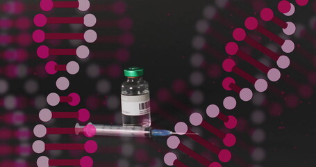 DNA strand image over syringe and vial on dark background