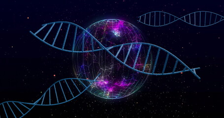 DNA strands and digital globe, scientific data processing image