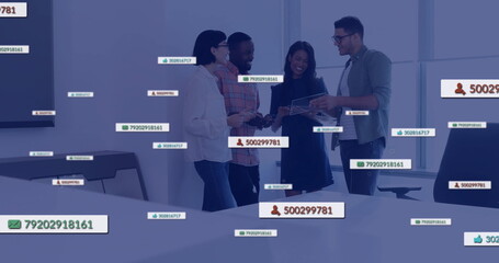 Image of social media notifications over diverse colleagues talking at casual office
