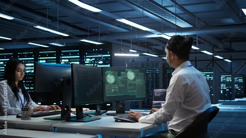 Poster team of technicians in server hub alerted by hacker passing firewall and stealing sensitive data. co