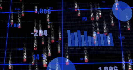 Image of data processing and binary coding over dark background