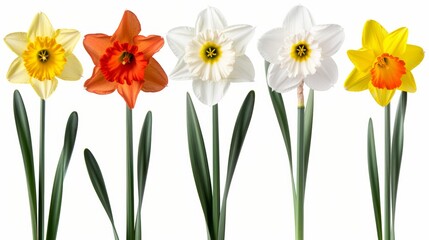 Obraz premium Five different colored flowers are shown in a row